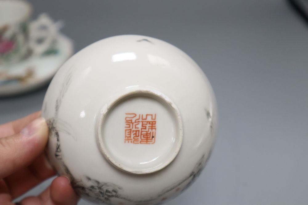 Three Chinese saucers and two teacups and a tea bowl, largest diameter 12.5cm